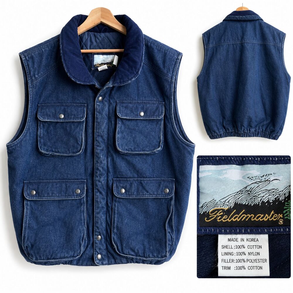 VTG 70s Fieldmaster Men's XLT Heavy Denim Quilt Lined Cargo Puffer Vest Thick